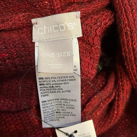 NWT Chicos Red Poncho Sweater One Size Fringe Metallic Shimmer Holiday Burgundy - Picture 5 of 5